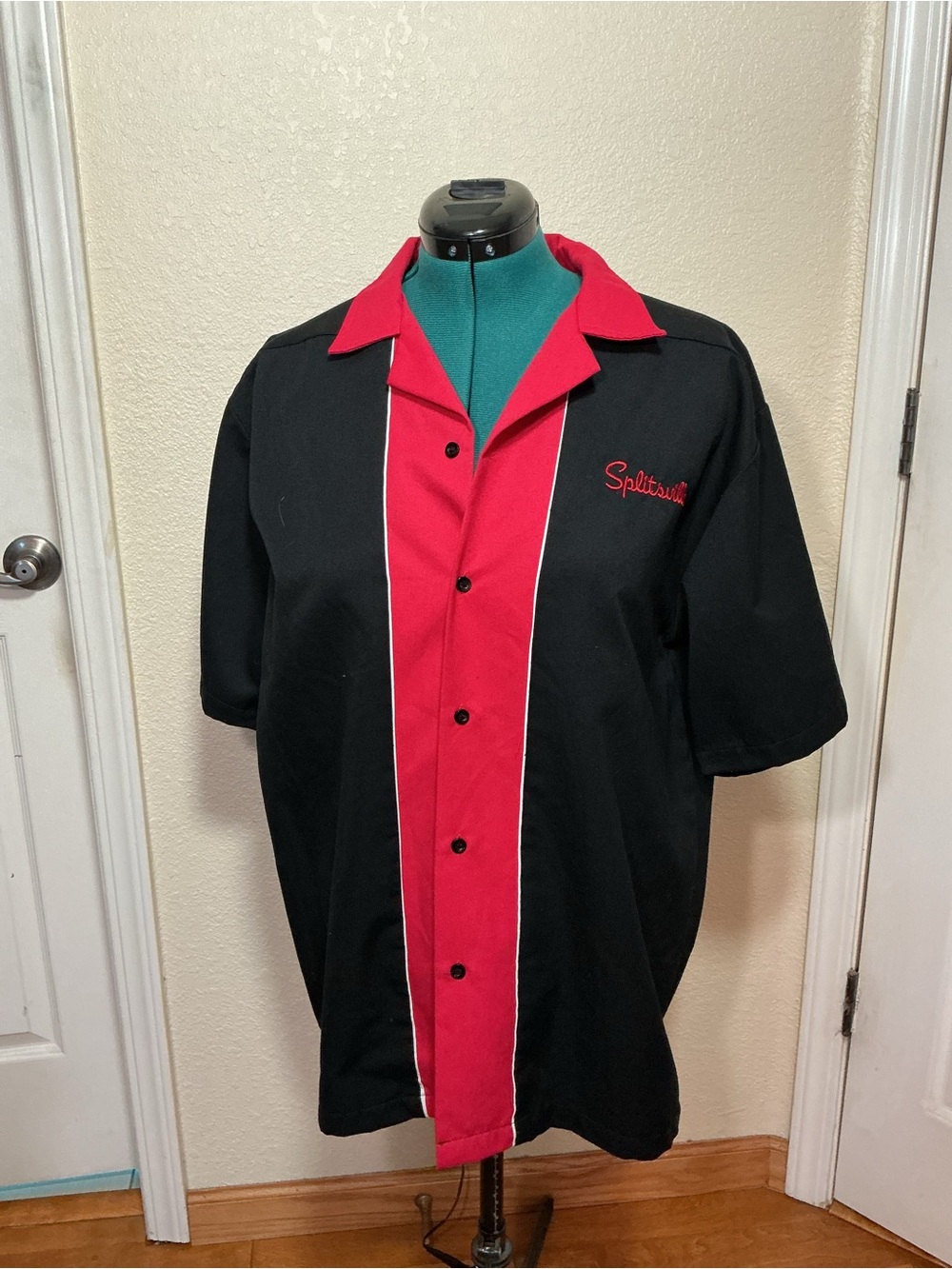 LG Black and Red Short-Sleeve Button-Down Bowling Shirt